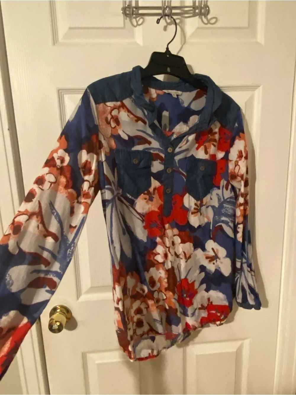 John Mark Blue Floral V-Neck Pullover with Red Accents